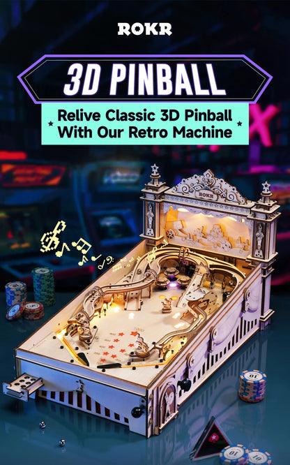 Robotime ROKR 3D Flipperautomat aus Holz – DIY Pinball-Spiel im Vintage-Stil | Bausatz für Kinder & Erwachsene