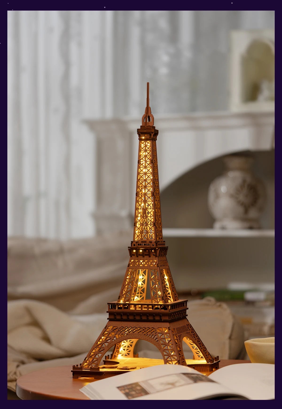 Robotime „Night of the Eiffel Tower“ – 3D Holzpuzzle mit Licht | Eiffelturm Modellbausatz 1:638 für Erwachsene & Kinder