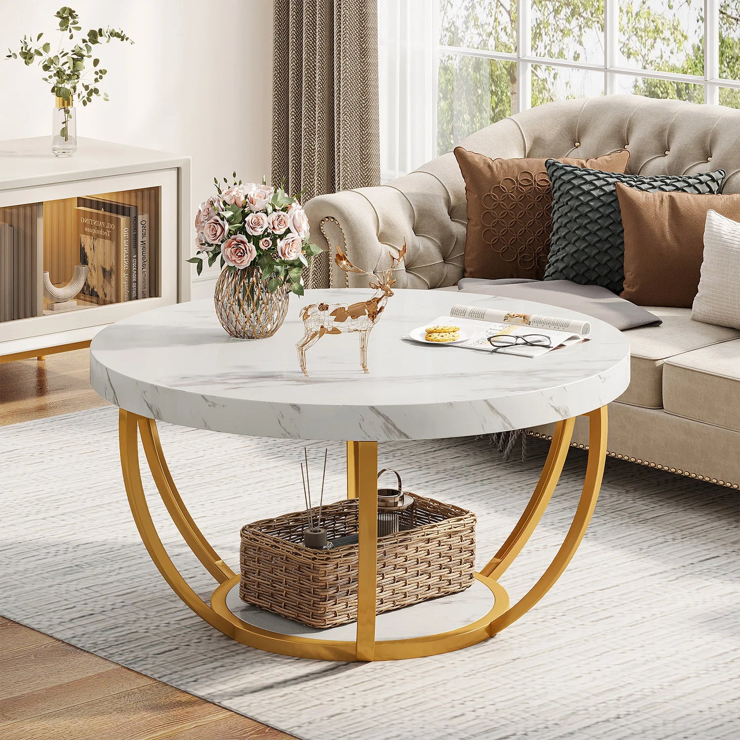 Tribesigns round coffee table Ø 80 cm – 2-tiered industrial-style sofa table with wood look and metal frame