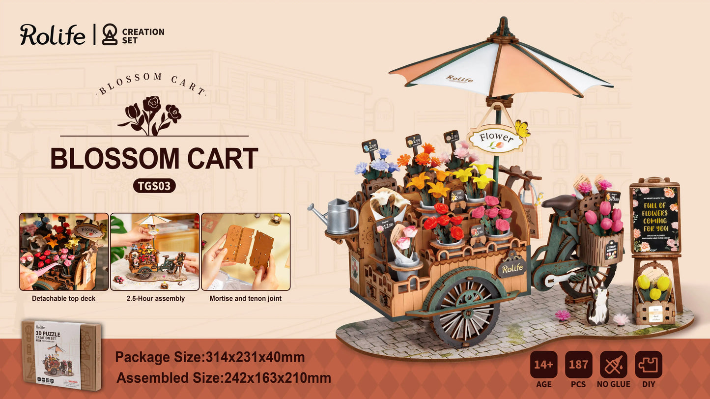 Robotime 3D Holzpuzzle Blütenwagen – Bastelset & Deko-Modell | Florales DIY-Geschenk für Frauen, Mädchen & kreative Erwachsene