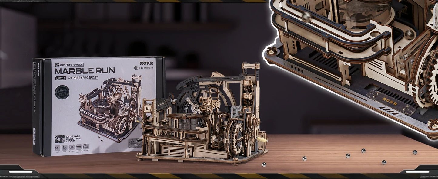 Robotime ROKR Marble Spaceport – Elektrisches 3D-Holzpuzzle mit Kugelbahn | Modellbausatz für Erwachsene & Teenager