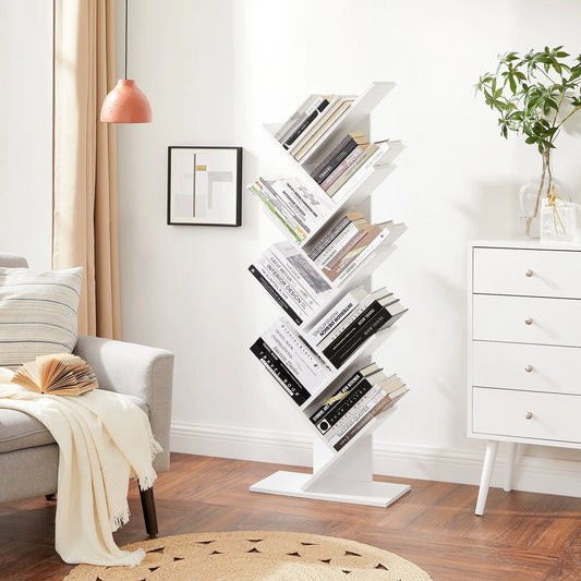 VASAGLE Tree-Shaped Bookshelf – 8 Tiers, White Wooden Shelf, Space-Saving &amp; Modern