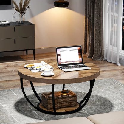 Tribesigns round coffee table Ø 80 cm – 2-tiered industrial-style sofa table with wood look and metal frame
