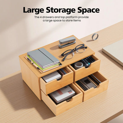 Bambus Schreibtisch Organizer mit 4 Schubladen 33 x 19 x 16 cm Naturholz Aufbewahrungskasten für Büro und Zuhause