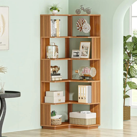 6-stufiges L-förmiges Eck-Bücherregal aus MDF in Walnussfarbe, 165 cm hoch