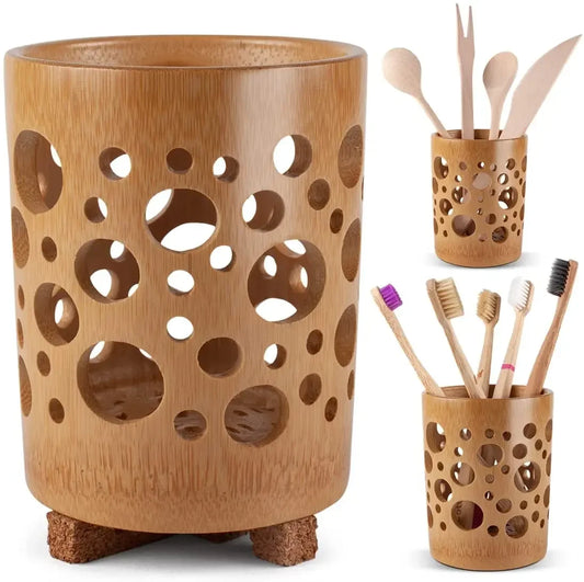 Round bamboo toothbrush holder – biodegradable organizer for bathroom, makeup &amp; office