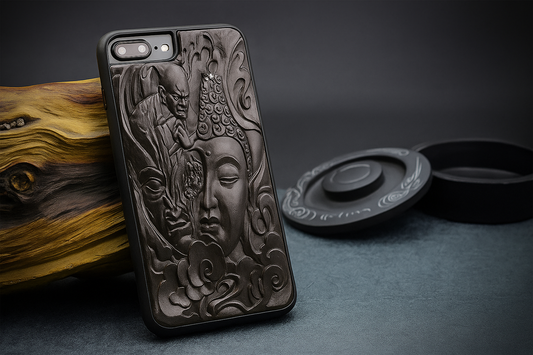 iPhone wooden case “Yi Nian Zhi Jian” – Buddha &amp; Demon in 3D sandalwood relief