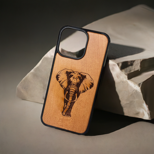 “The Guardian” – Elephant design on cherry wood – Handmade iPhone case with character