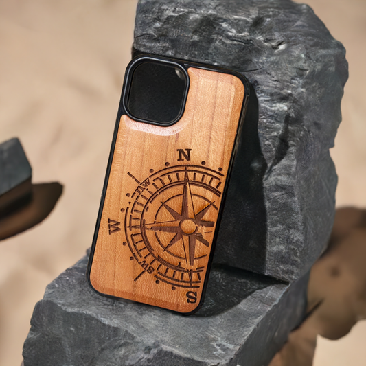 “The Pathfinder” – Minimalist compass on wood – Handmade iPhone case